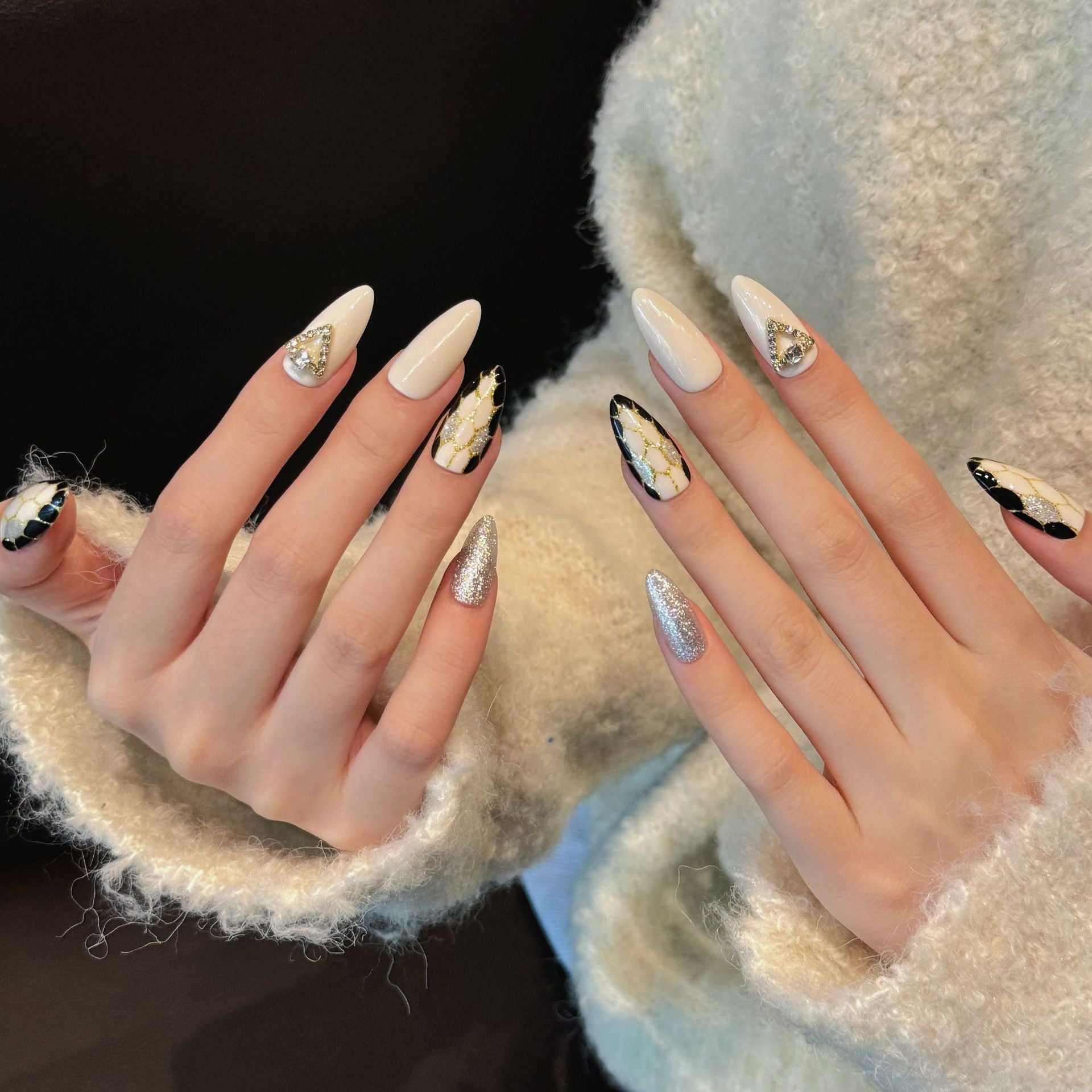 KAPOWNAILS Beige - Black Rhinestone Press - ons, Minimalist Short Stiletto Nails