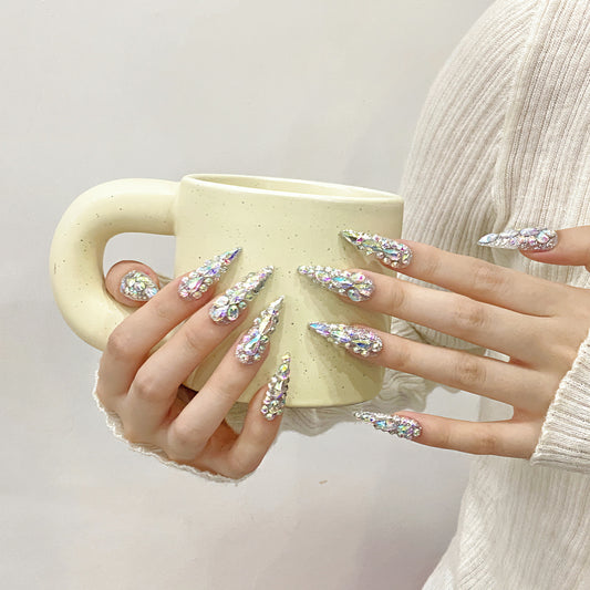 KAPOWNAILS Rhinestone - Encrusted Stiletto Press - on Nails, Sparkling AB Crystal Decor, Glamorous Party - Ready Wearable Art