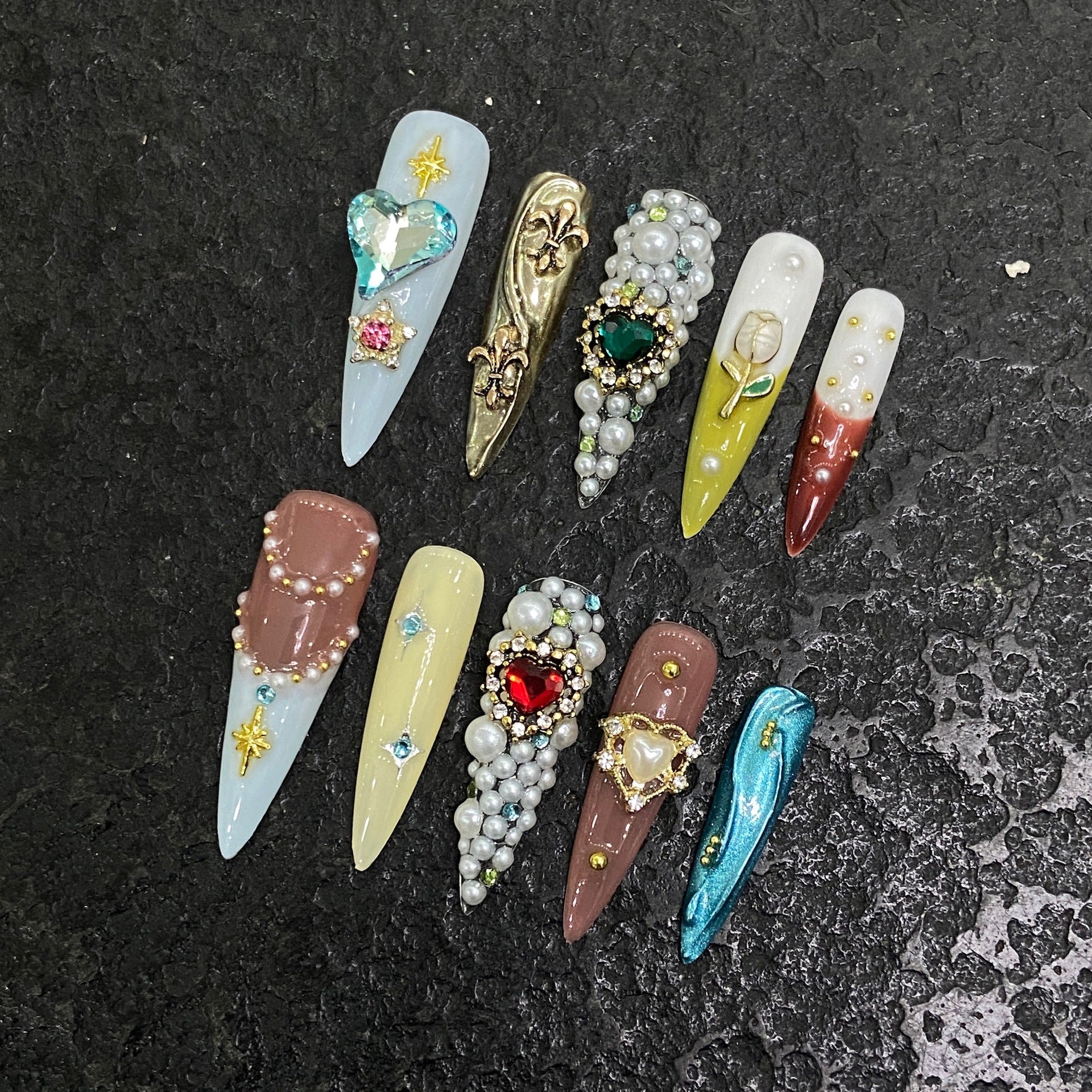 KAPOWNAILS Colorful Rhinestone Press - ons, 3D Gem Decor Long Stiletto Nails