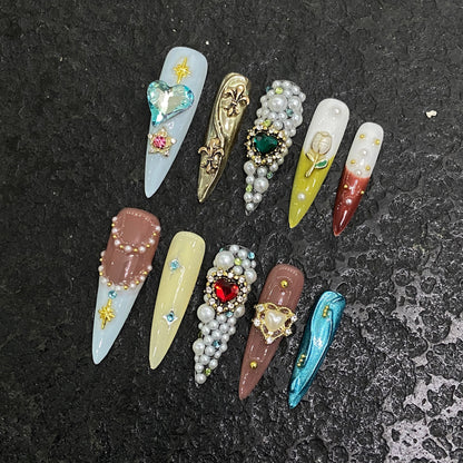 KAPOWNAILS Colorful Rhinestone Press - ons, 3D Gem Decor Long Stiletto Nails