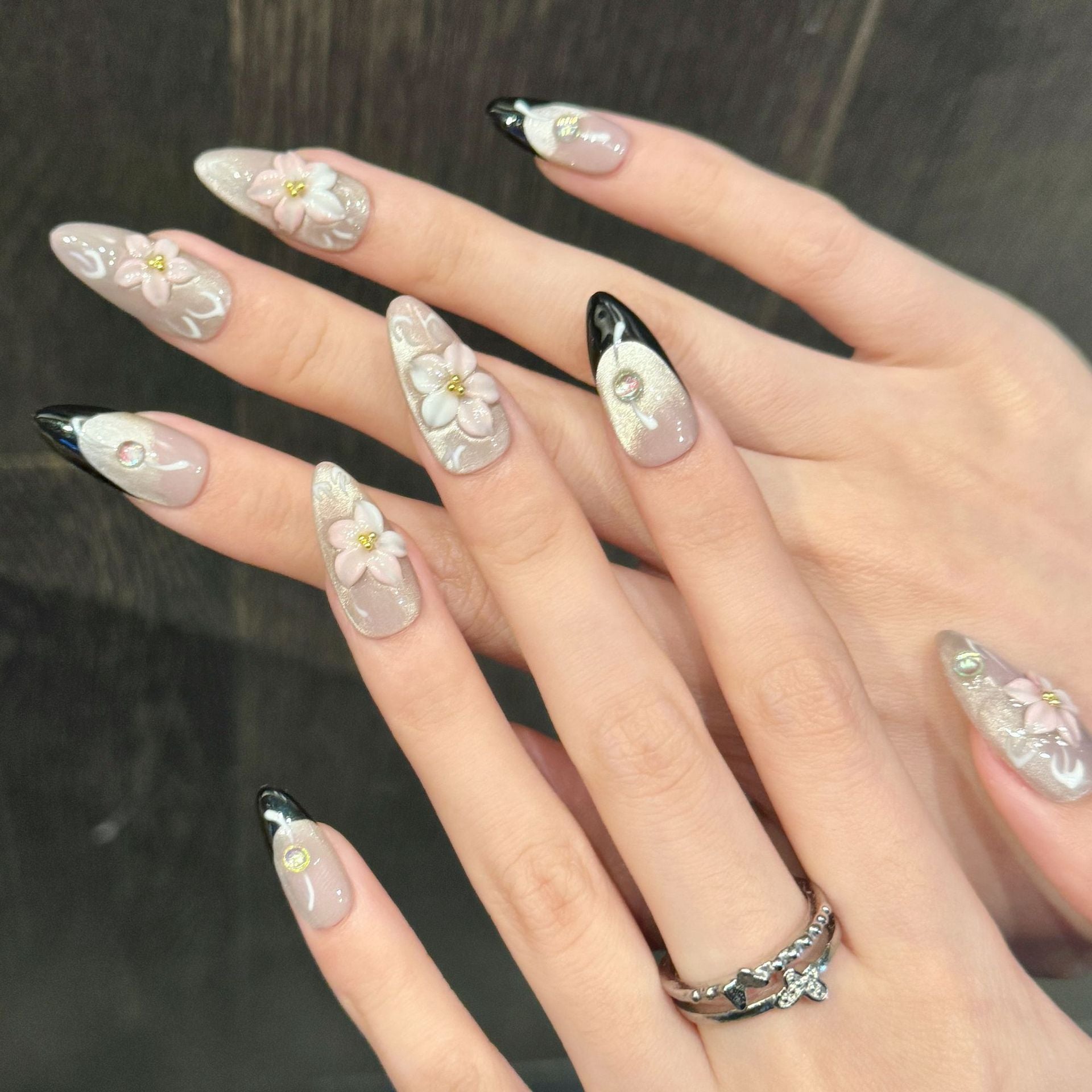 KAPOWNAILS Long Stiletto Press-On Nails - Green Cat Eye Gel with Gold Sparkle & 3D Yellow Flowers
