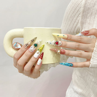KAPOWNAILS Colorful Rhinestone Press - ons, 3D Gem Decor Long Stiletto Nails