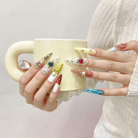KAPOWNAILS Colorful Rhinestone Press - ons, 3D Gem Decor Long Stiletto Nails