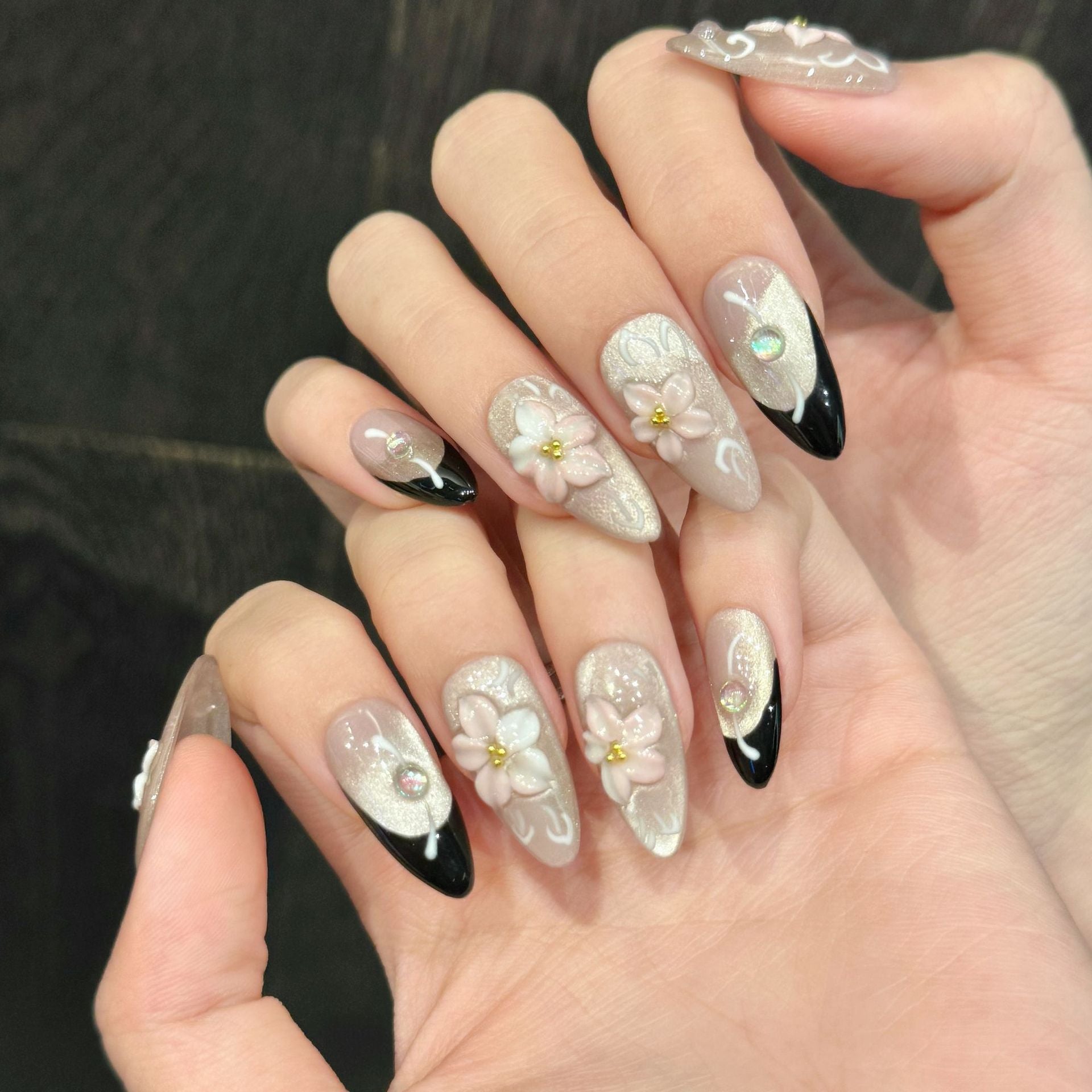 KAPOWNAILS Long Stiletto Press-On Nails - Green Cat Eye Gel with Gold Sparkle & 3D Yellow Flowers