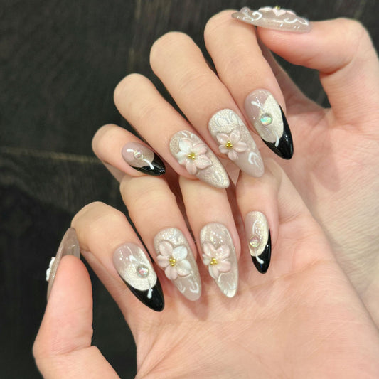 KAPOWNAILS Long Stiletto Press-On Nails - Green Cat Eye Gel with Gold Sparkle & 3D Yellow Flowers