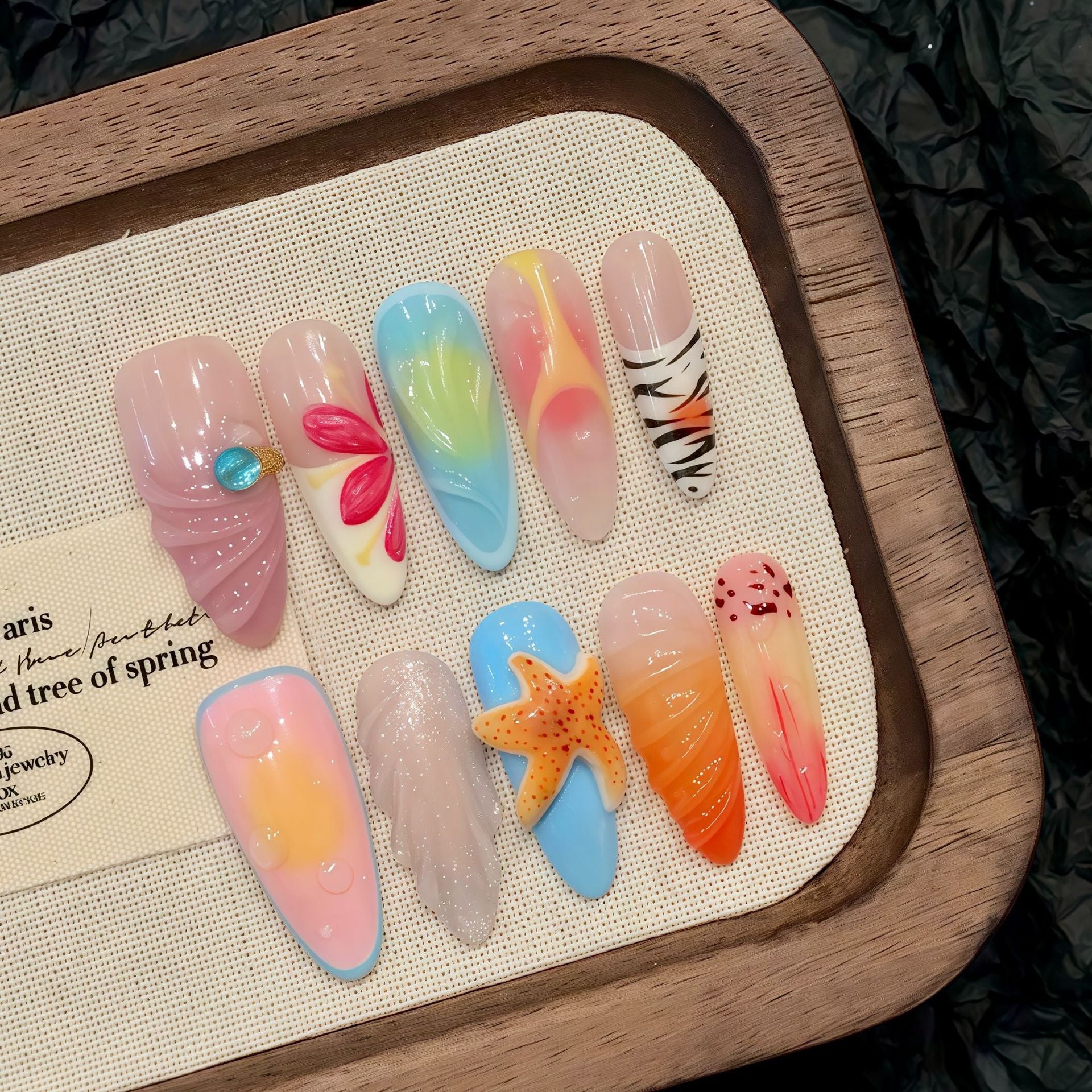 KAPOWNAILS 3D Starfish & Flower Design Press - on Nails, Colorful Gradient & Patterned Wearable Art Nails