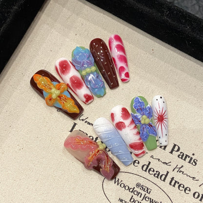 KAPOWNAILS Retro Floral Press - ons, Hand - Painted Colorful Flower Designs
