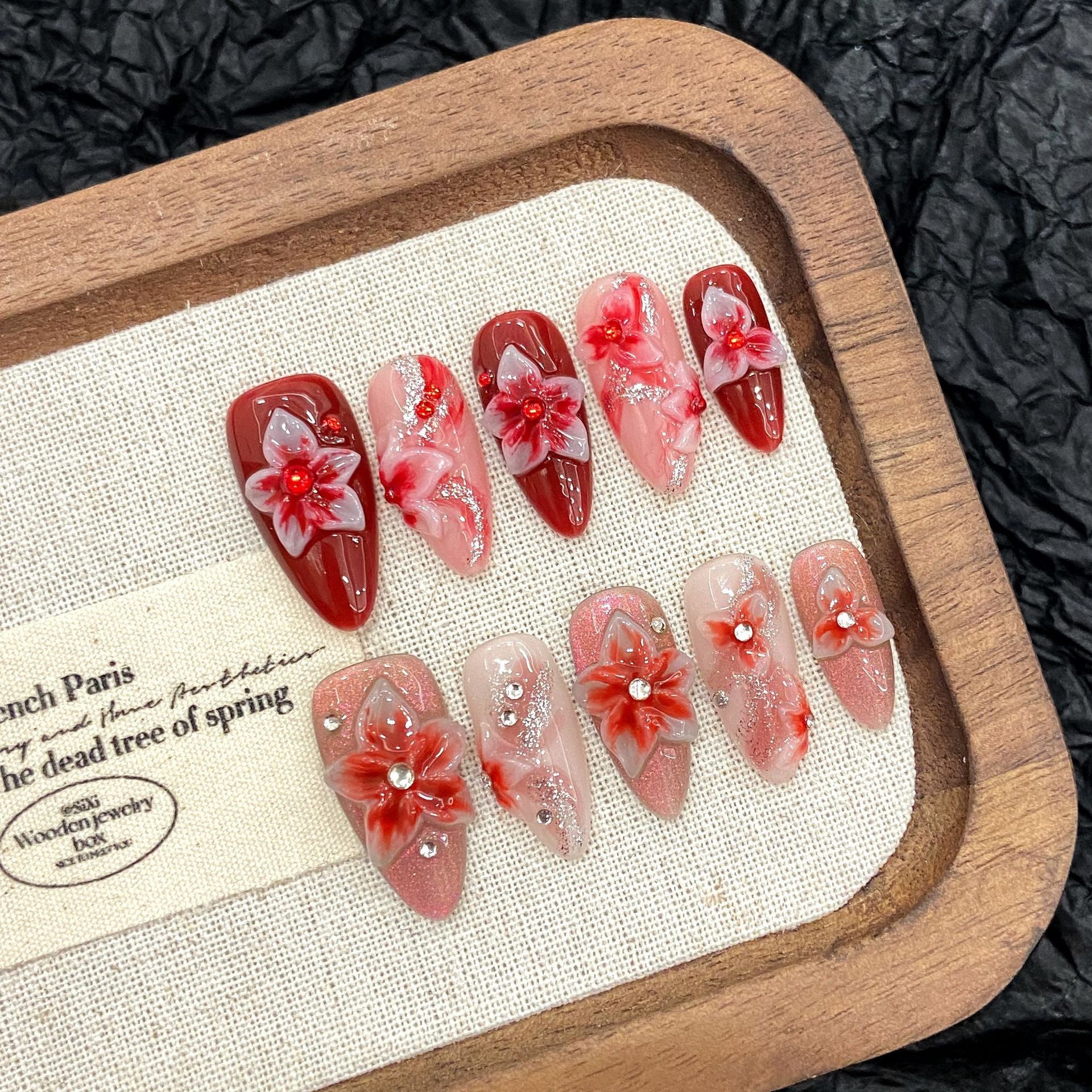 KAPOWNAILS Red - Pink Floral Press - ons, 3D Flower & Rhinestone Decor