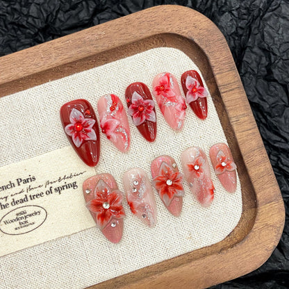 KAPOWNAILS Red - Pink Floral Press - ons, 3D Flower & Rhinestone Decor