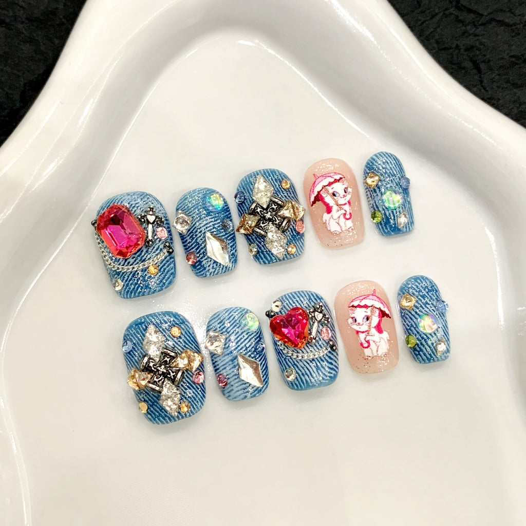 KAPOWNAILS Denim - Style Press - ons with Cartoon & Rhinestones, Cute Trendy Nail Art