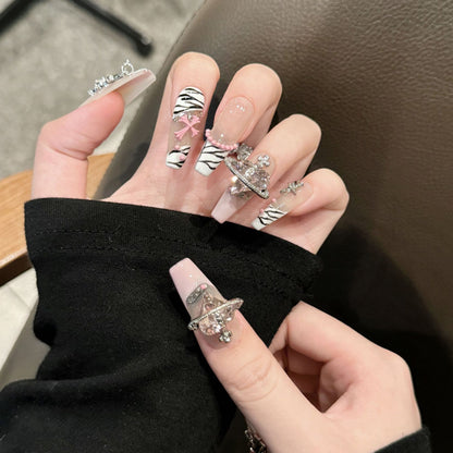 KAPOWNAILS Pink & White Zebra Press - on Nails with Rhinestone Charms, Y2K - Inspired Wearable Nail Art