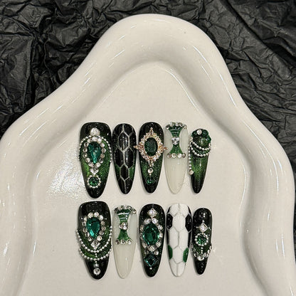 KAPOWNAILS Green Gem - Encrusted Press - ons, Luxe Rhinestone - Decor Long Nails
