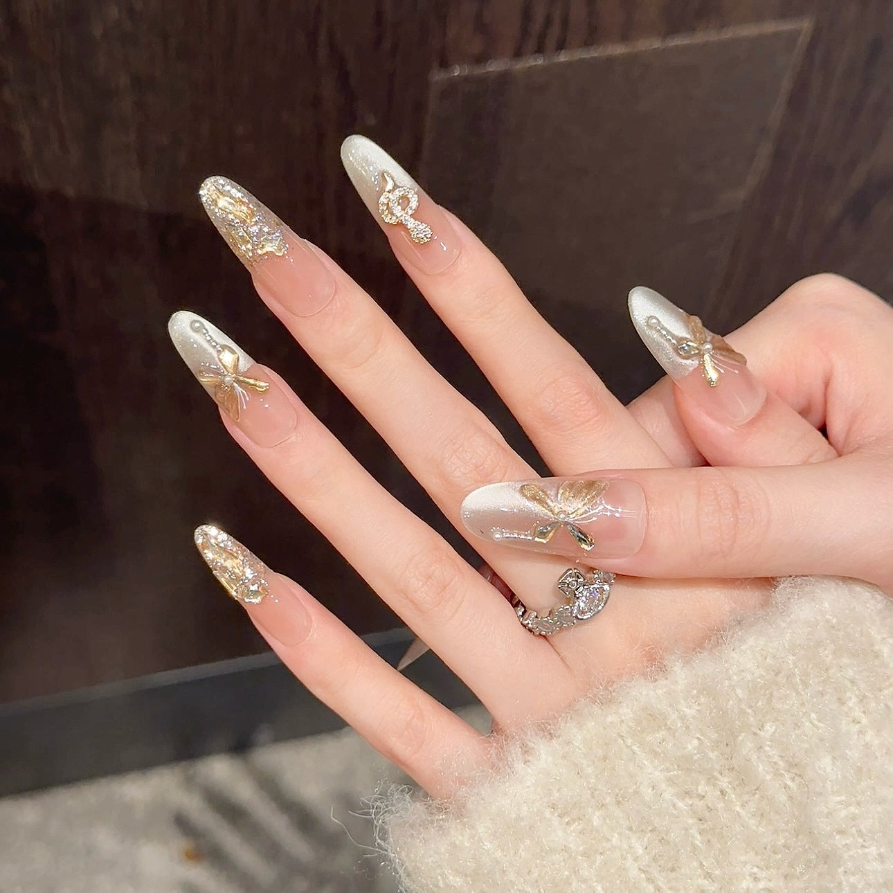 KAPOWNAILS Luxury Press-On Nails – Gold Embellished Long Stiletto with Rhinestones & 3D Bows