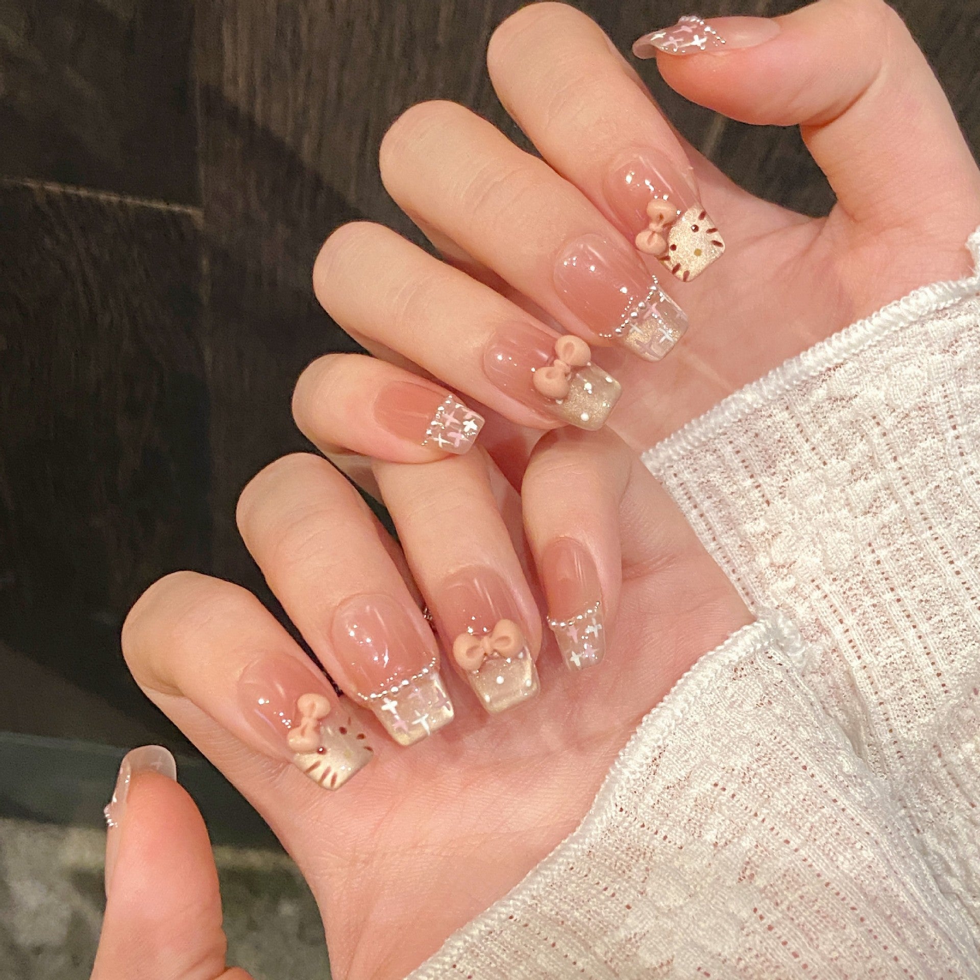 Kapownails Sweet Kitty Press-On Nails - Nude Pink with Glitter & Bow Designs