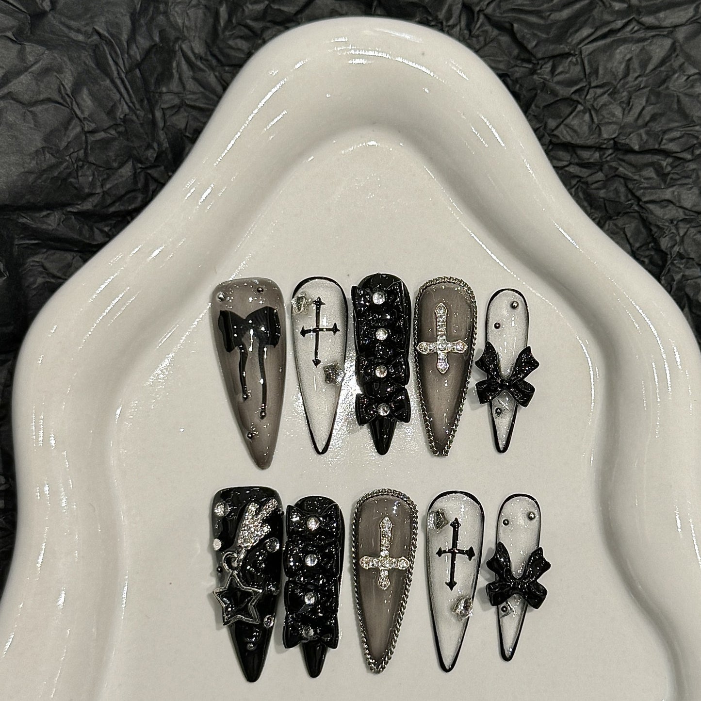 KAPOWNAILS Gothic Cross Press - ons, Black Bow & Rhinestone Accents