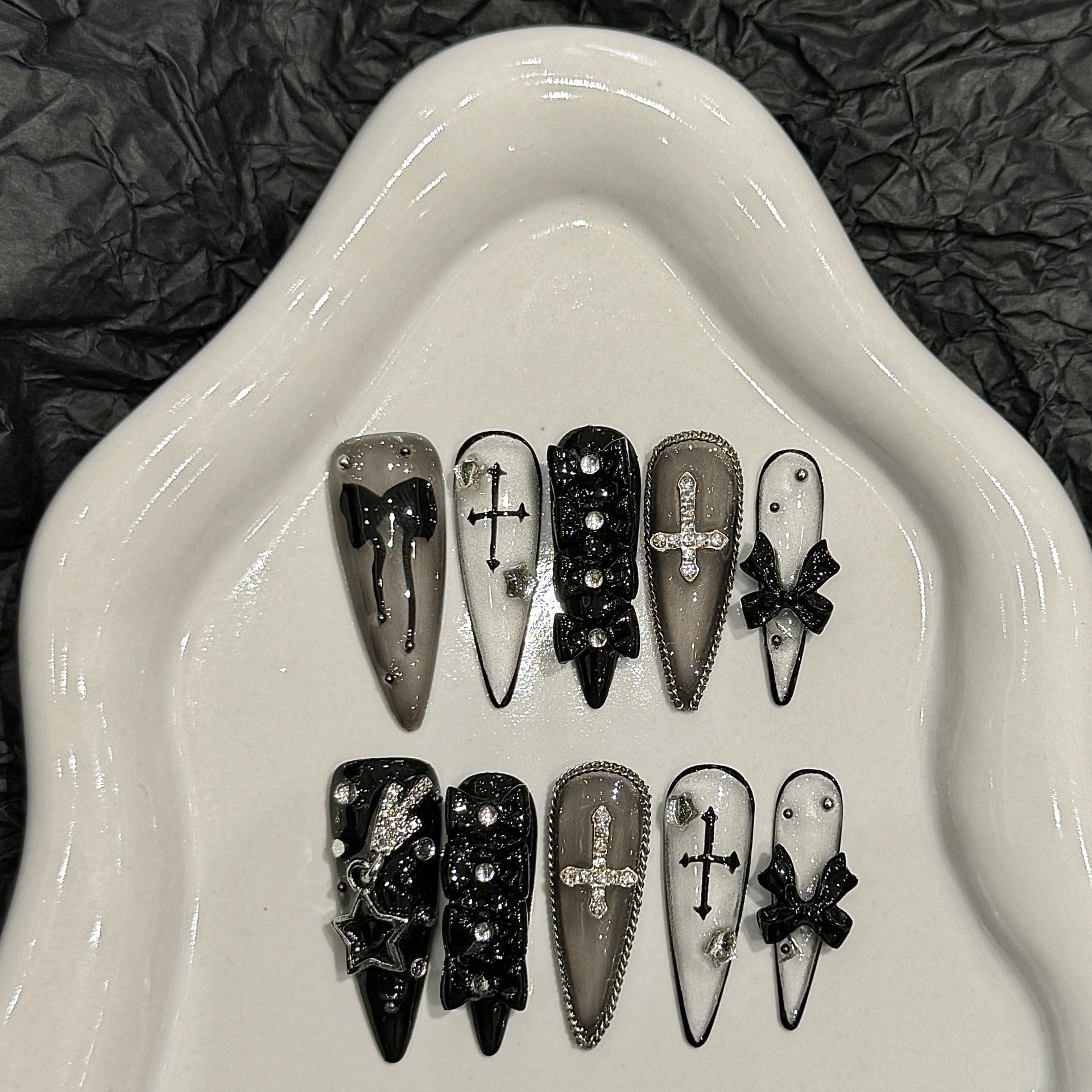 KAPOWNAILS Gothic Cross Press - ons, Black Bow & Rhinestone Accents