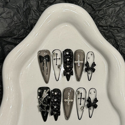 KAPOWNAILS Gothic Cross Press - ons, Black Bow & Rhinestone Accents