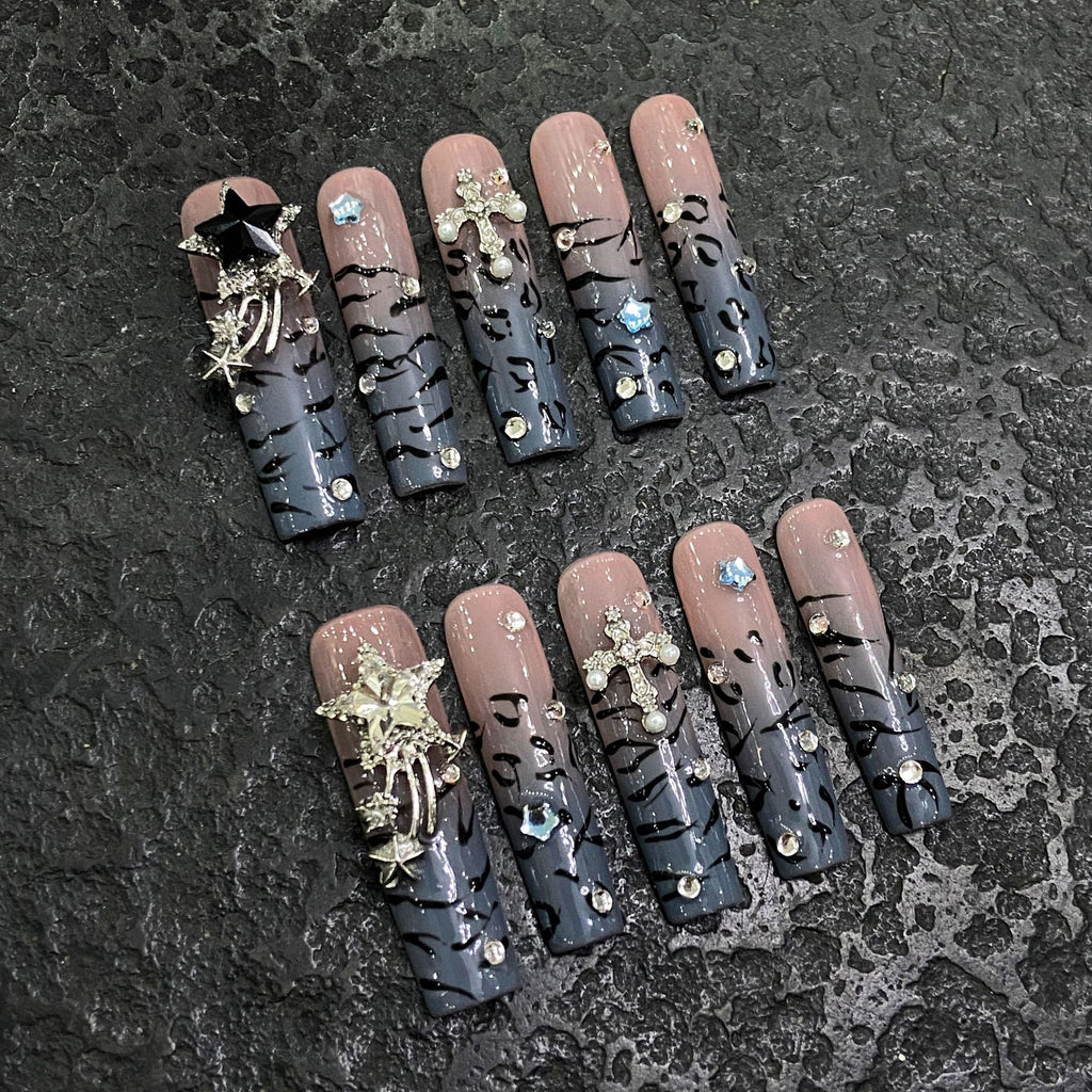 KAPOWNAILS Gradient Leopard Press - ons, Rhinestone & Chrome Accents