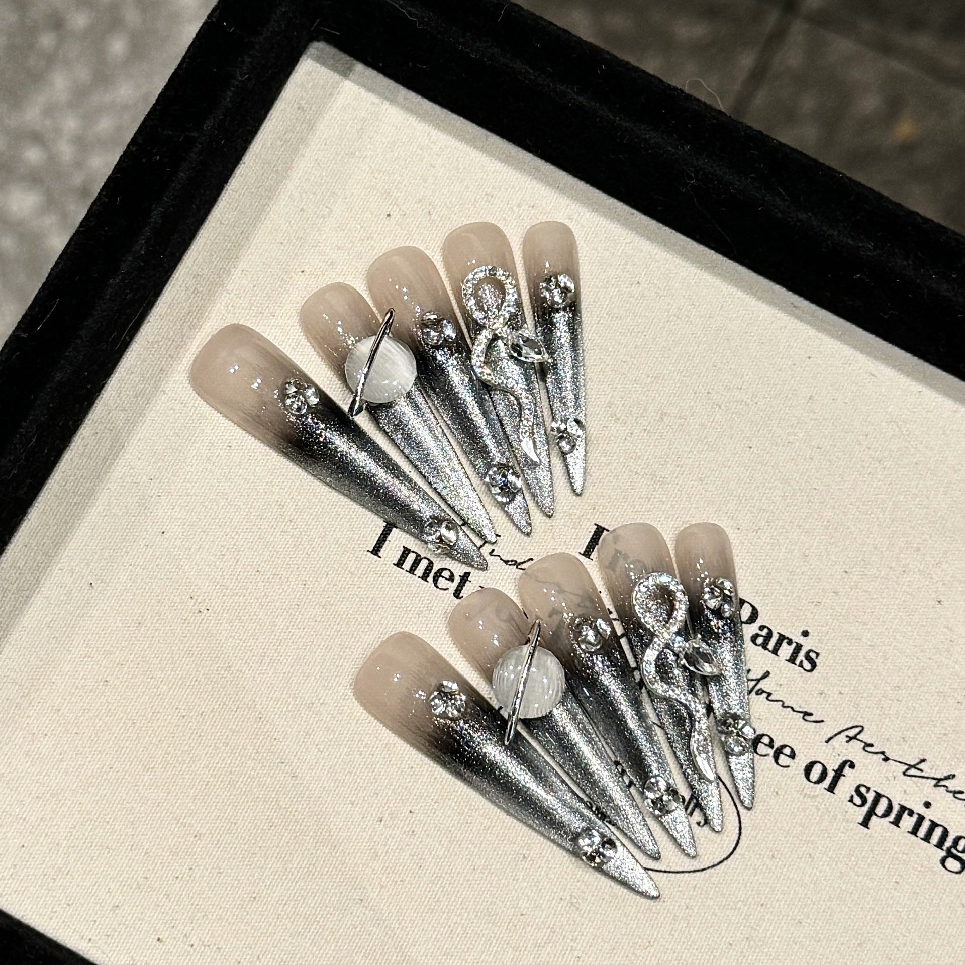 KAPOWNAILS Silver Stiletto Press - on Nails with Rhinestone & Metal Accents, Edgy Long Wearable Nail Art