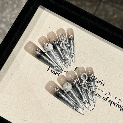 KAPOWNAILS Silver Stiletto Press - on Nails with Rhinestone & Metal Accents, Edgy Long Wearable Nail Art
