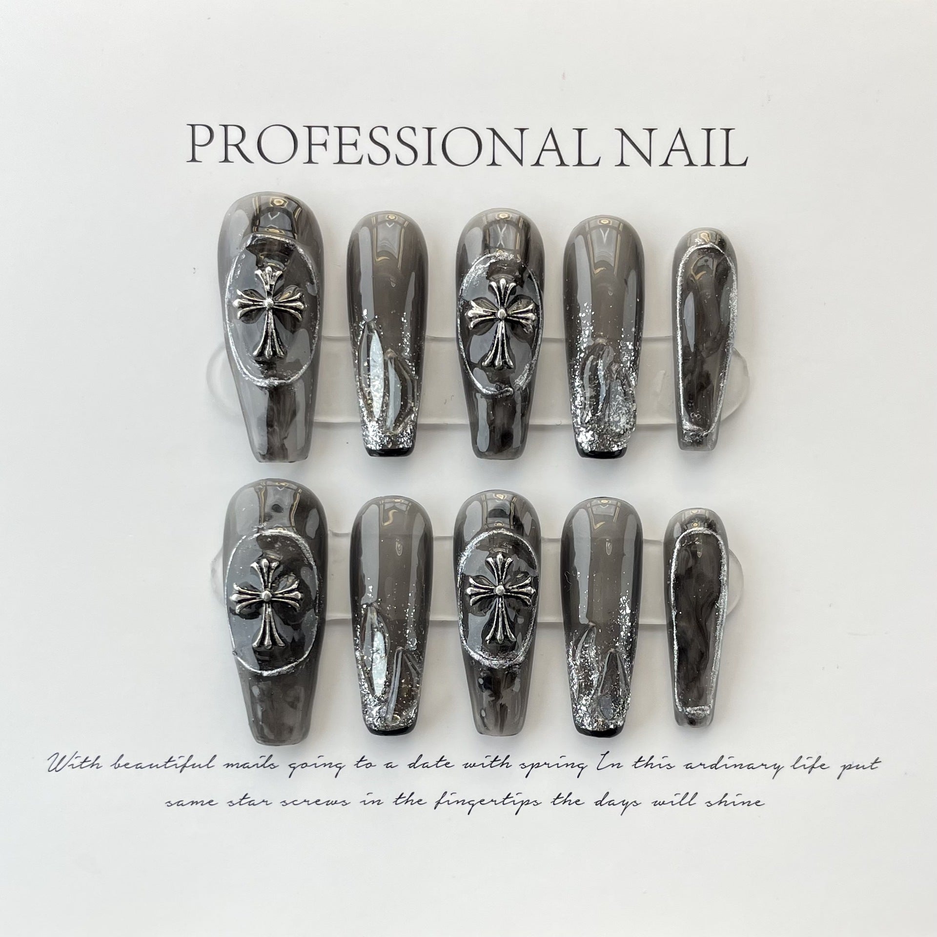 KAPOWNAILS Dark Grey Press - ons with Silver Cross, Edgy Gothic Nail Design
