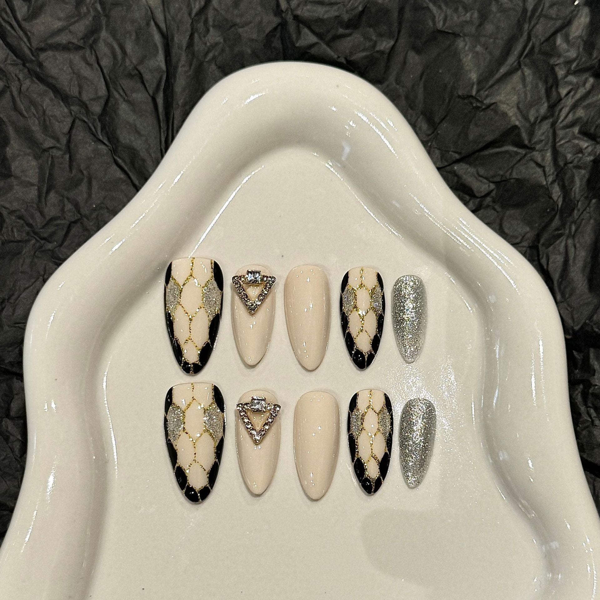 KAPOWNAILS Beige - Black Rhinestone Press - ons, Minimalist Short Stiletto Nails