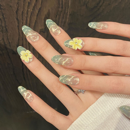 KAPOWNAILS Cat-Eye Press-On Nails – Green to Nude Gradient with Gold Glitter & 3D Floral Accents