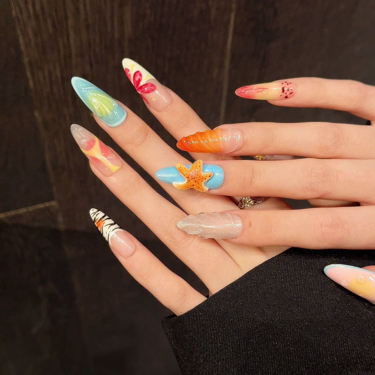 KAPOWNAILS 3D Starfish & Flower Design Press - on Nails, Colorful Gradient & Patterned Wearable Art Nails