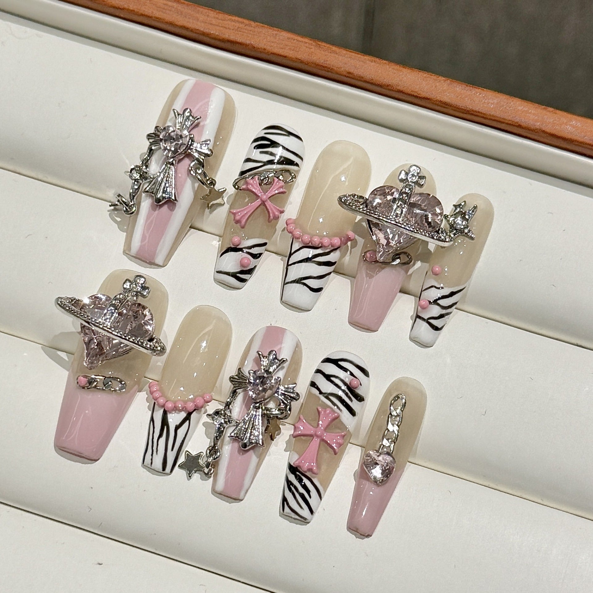 KAPOWNAILS Pink & White Zebra Press - on Nails with Rhinestone Charms, Y2K - Inspired Wearable Nail Art