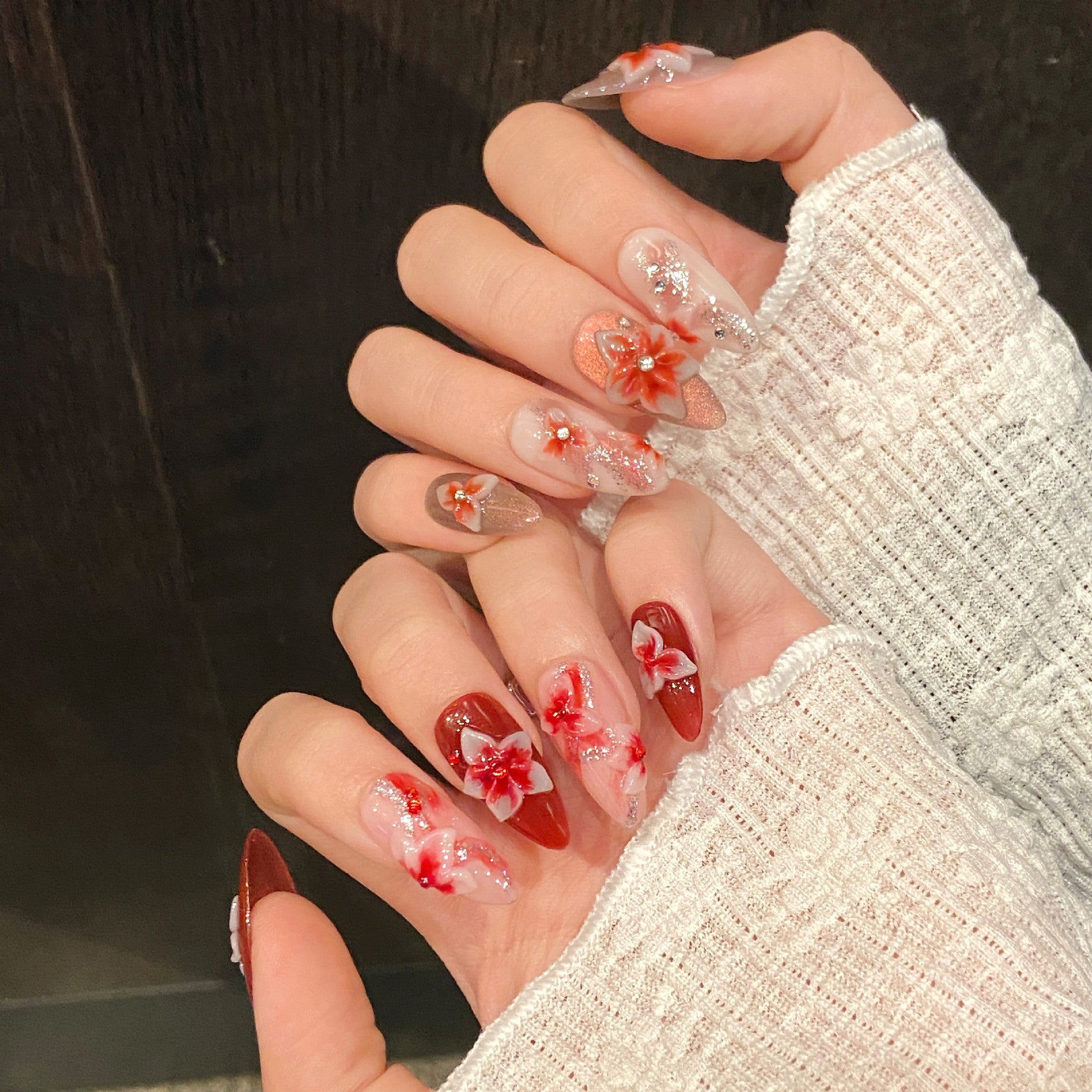 KAPOWNAILS Red - Pink Floral Press - ons, 3D Flower Rhinestone Decor
