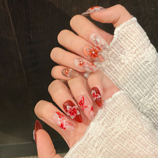 KAPOWNAILS Red - Pink Floral Press - ons, 3D Flower Rhinestone Decor