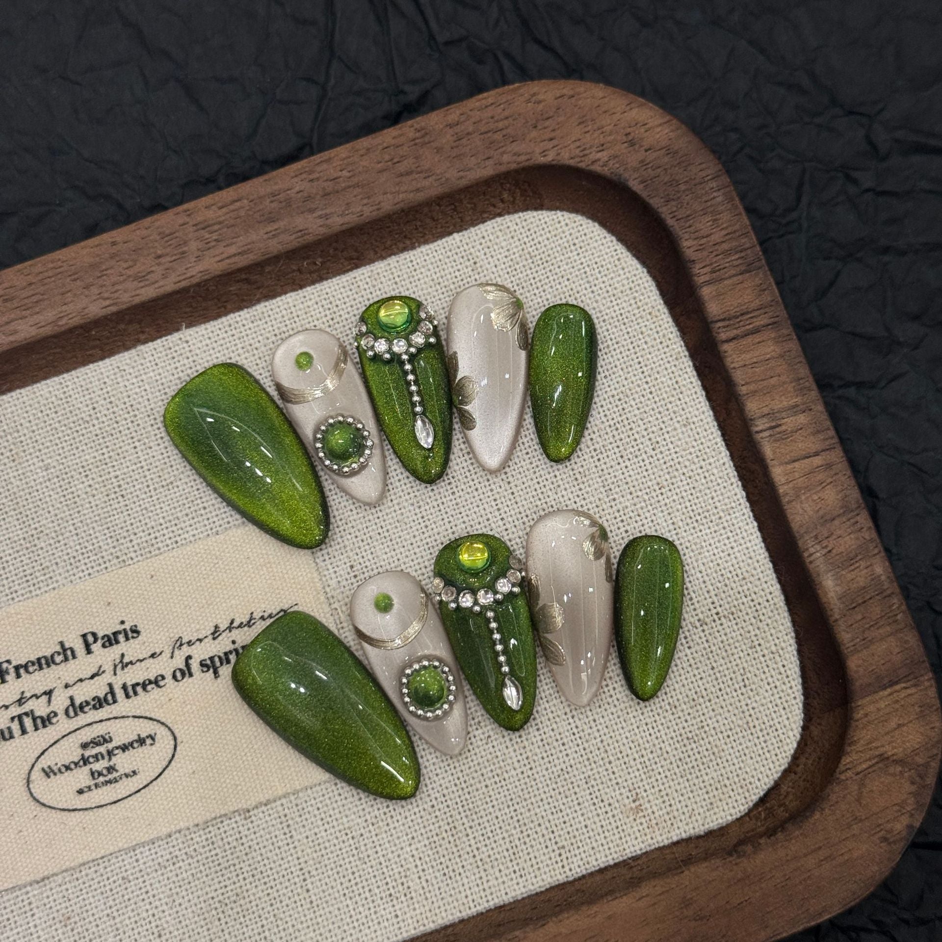 KAPOWNAILS Green & White Stiletto Press - on Nails with Rhinestone Accents, Chic Gem - Decorated Wearable Nail Art