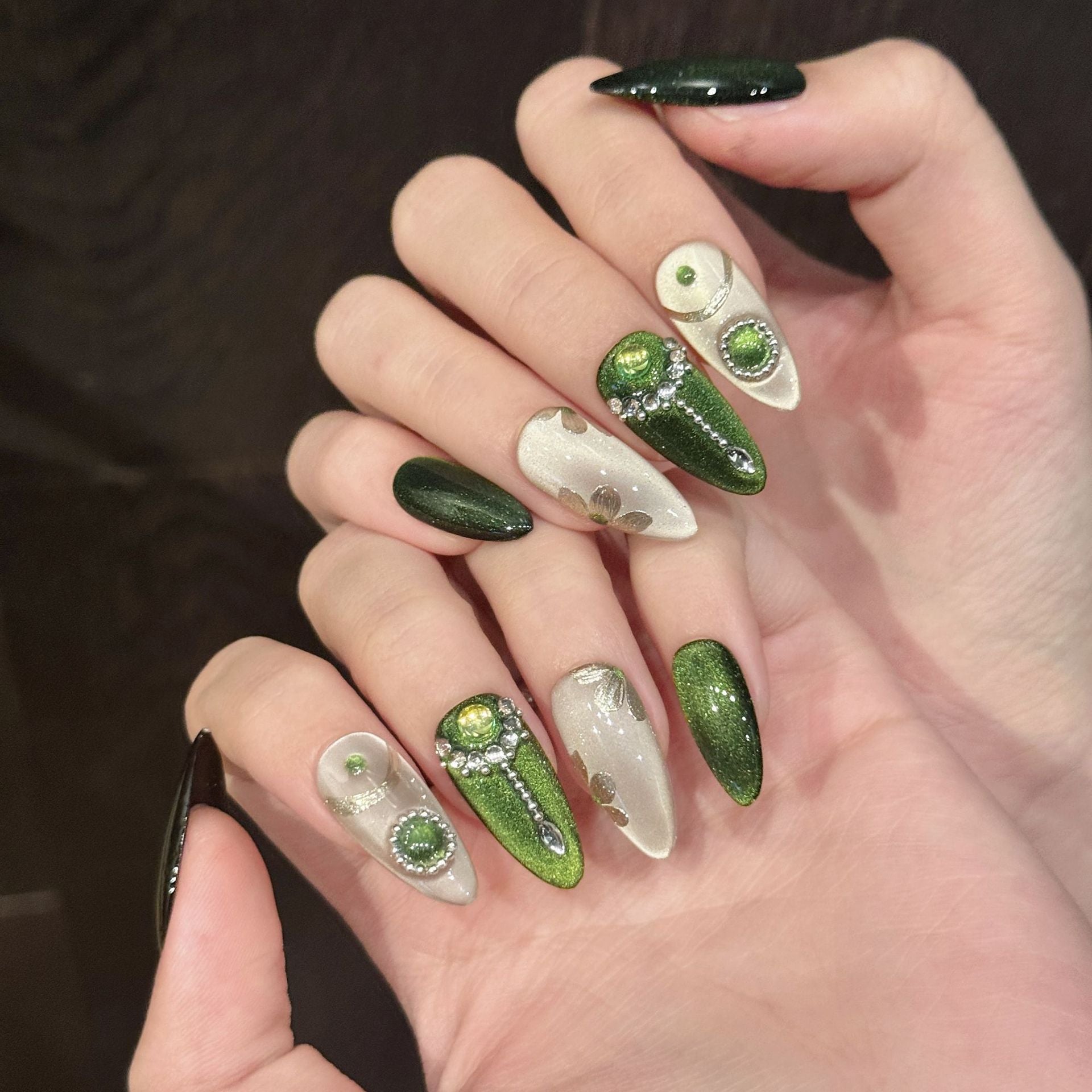KAPOWNAILS Green & White Stiletto Press - on Nails with Rhinestone Accents, Chic Gem - Decorated Wearable Nail Art