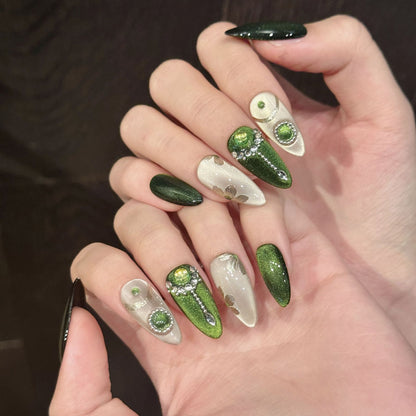 KAPOWNAILS Green & White Stiletto Press - on Nails with Rhinestone Accents, Chic Gem - Decorated Wearable Nail Art