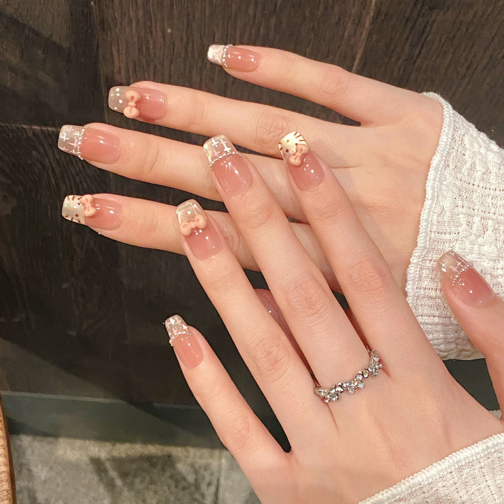 Kapownails Sweet Kitty Press-On Nails - Nude Pink with Glitter & Bow Designs