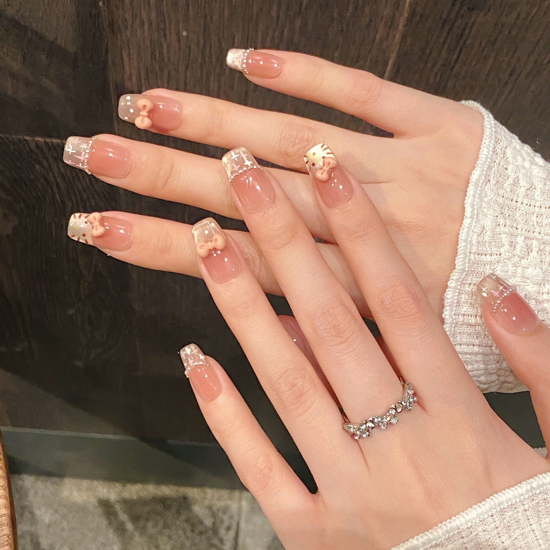 Kapownails Sweet Kitty Press-On Nails - Nude Pink with Glitter & Bow Designs