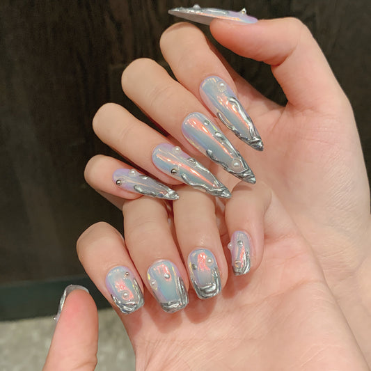 KAPOWNAILS Aurora Silver Press - ons, Iridescent Pearl
