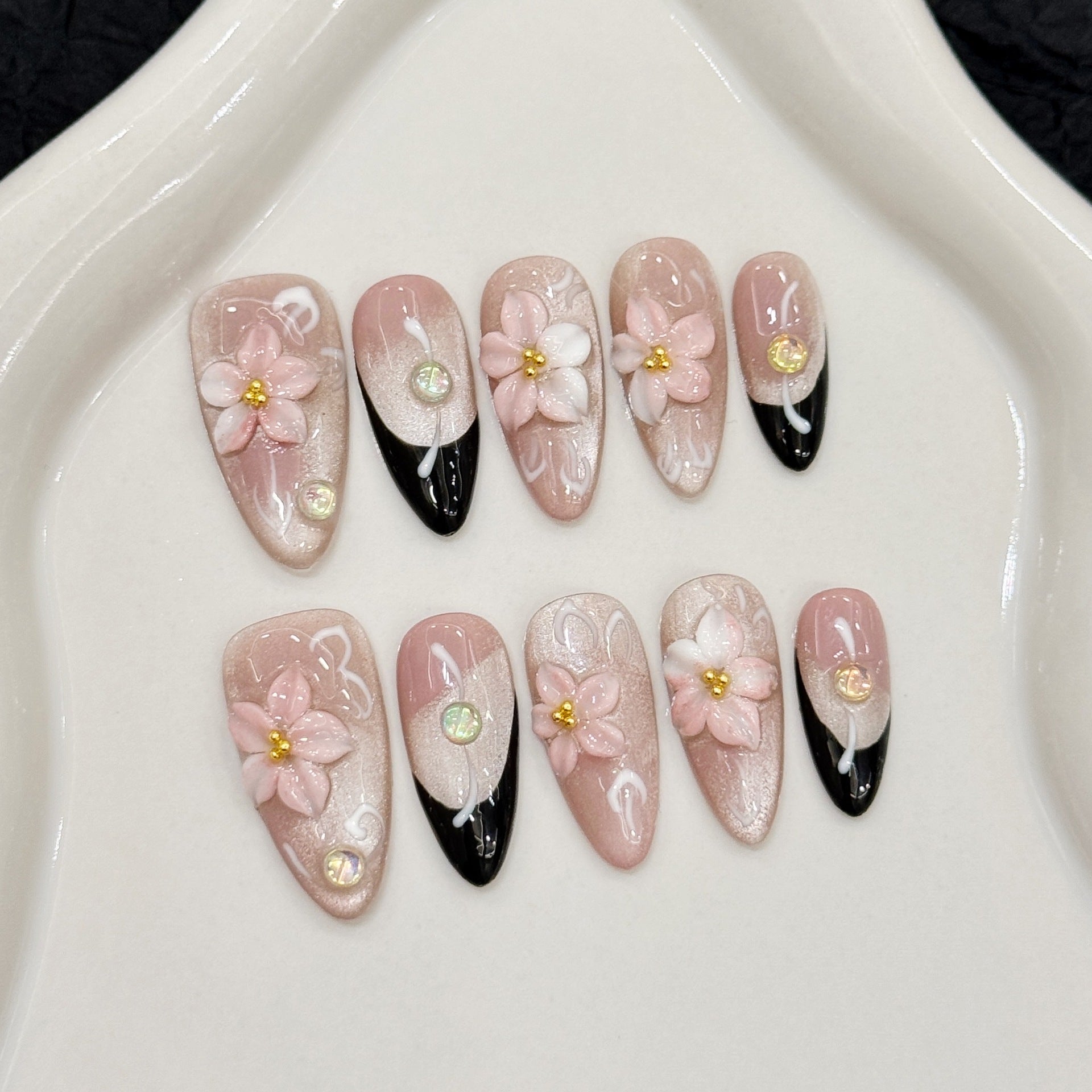 KAPOWNAILS Long Stiletto Press-On Nails - Green Cat Eye Gel with Gold Sparkle & 3D Yellow Flowers