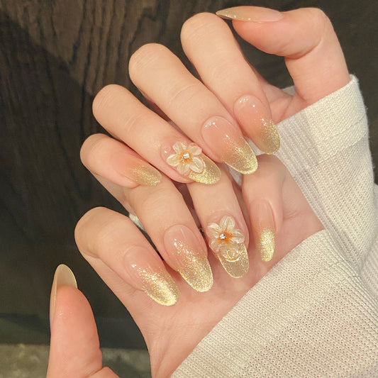 KAPOWNAILS Golden Glitter Gradient Press - on Nails with 3D Flower Accents, Elegant Shimmering Wearable Nail Art