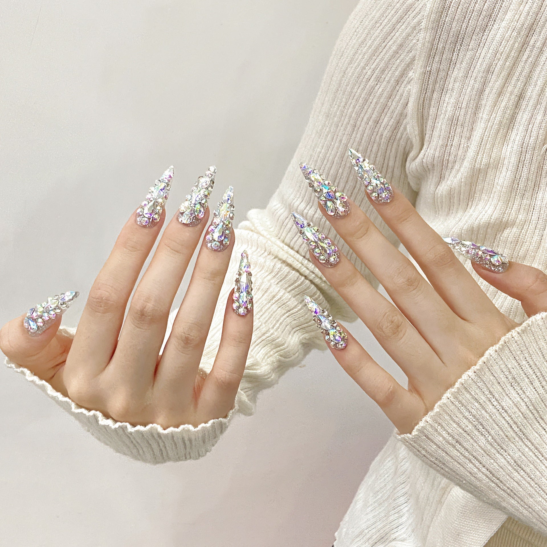 KAPOWNAILS Rhinestone - Encrusted Stiletto Press - on Nails, Sparkling AB Crystal Decor, Glamorous Party - Ready Wearable Art