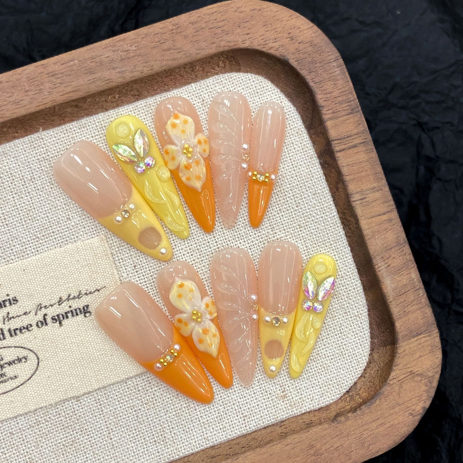 KAPOWNAILS Yellow Gradient 3D Flower Press - on Nails, Rhinestone & Pearl Decor Long Coffin Wearable Nails