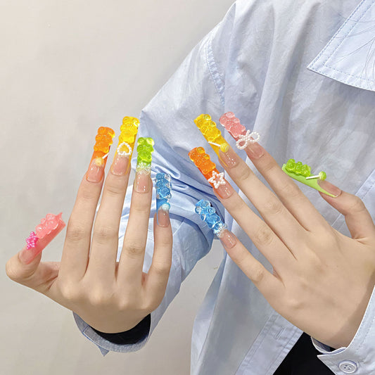 KAPOWNAILS Rainbow Gummy Bear Press - ons, Colorful 3D Bear & Bow Decor