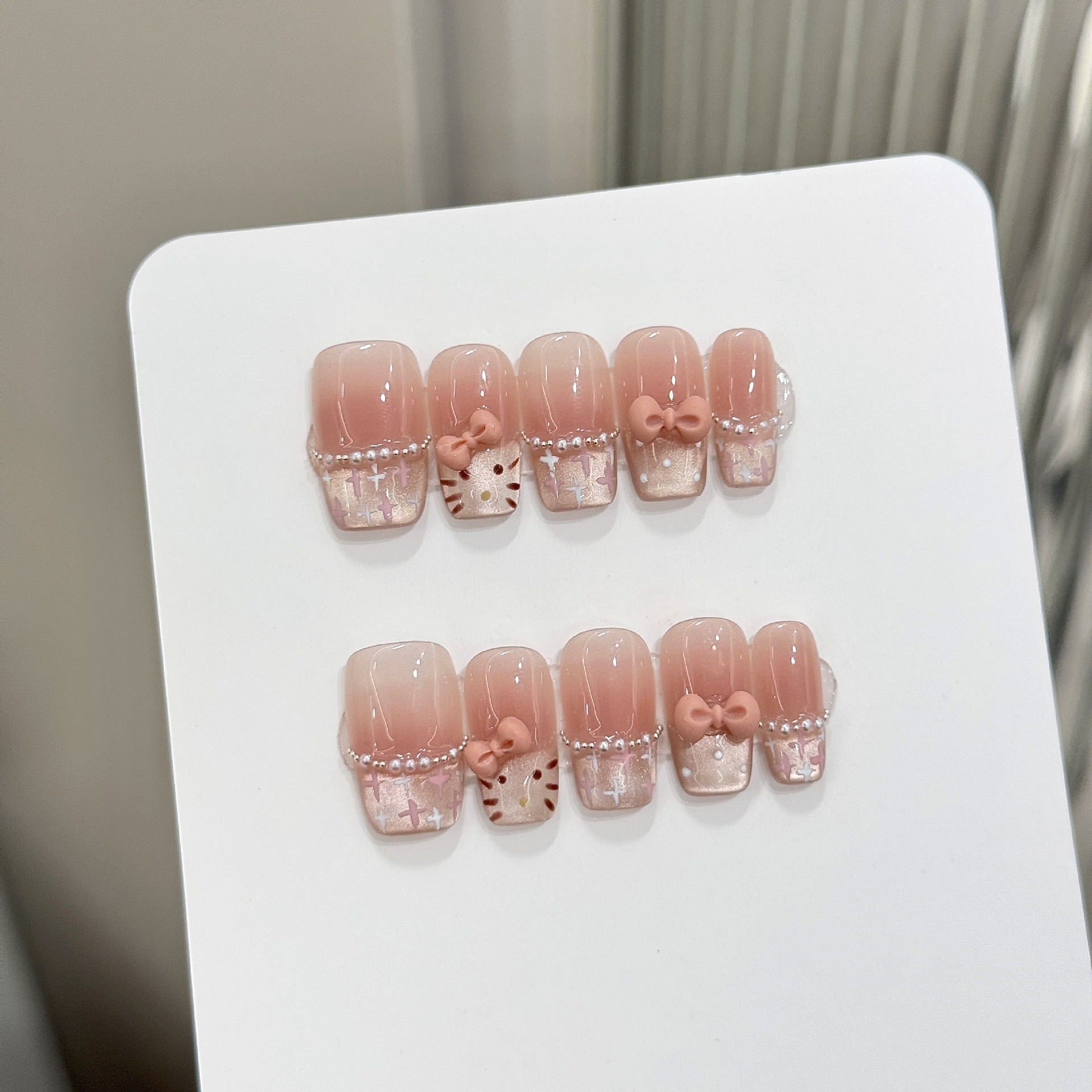 Kapownails Sweet Kitty Press-On Nails - Nude Pink with Glitter & Bow Designs