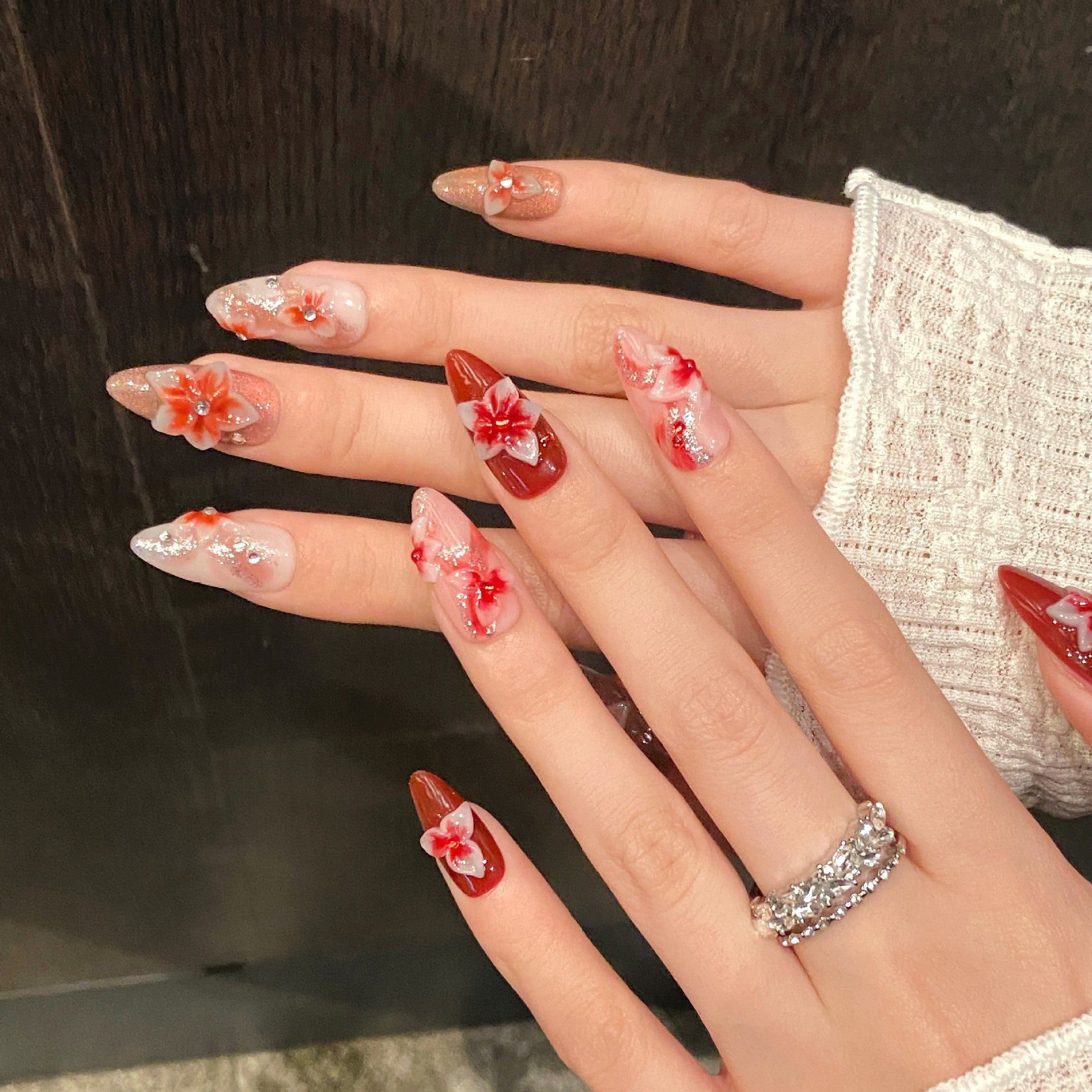 KAPOWNAILS Red - Pink Floral Press - ons, 3D Flower & Rhinestone Decor