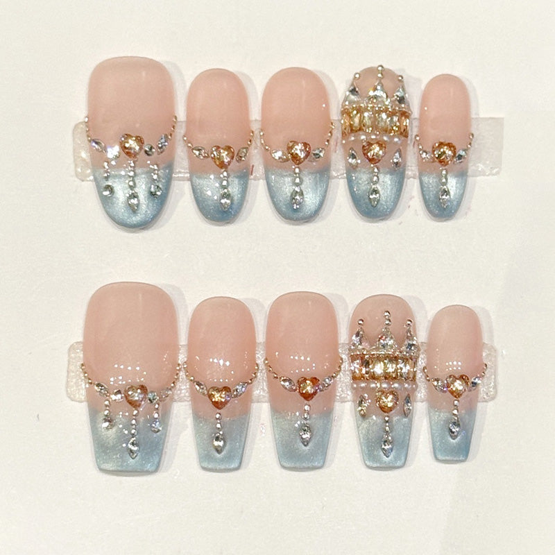 Opulent handmade coffin nails with blush pink, aqua glitter & 3D crown - Regal luxury, reusable - Applies in just 15 minutes