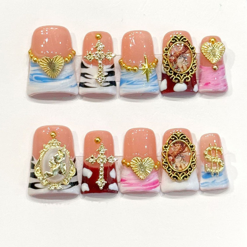 Opulent handmade duck nails with Victorian cameo portraits, gold cross charms & marble patterns - Baroque luxury - Applies in just 15 minutes