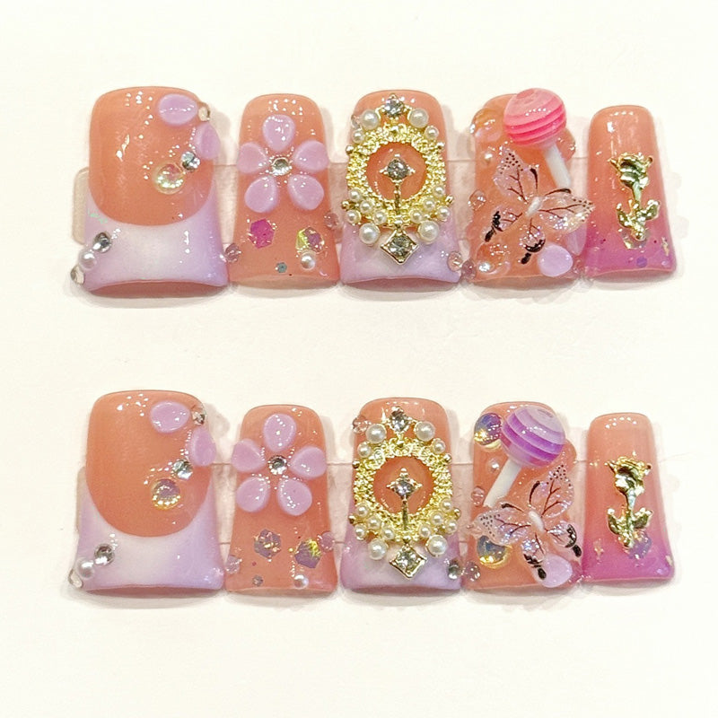 Opulent handmade duck nails with peach-lavender gradient, 3D mirror frame & butterfly - Luxurious elegance - Applies in 15 minutes
