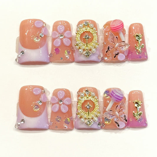 Opulent handmade duck nails with peach-lavender gradient, 3D mirror frame & butterfly - Luxurious elegance - Applies in 15 minutes