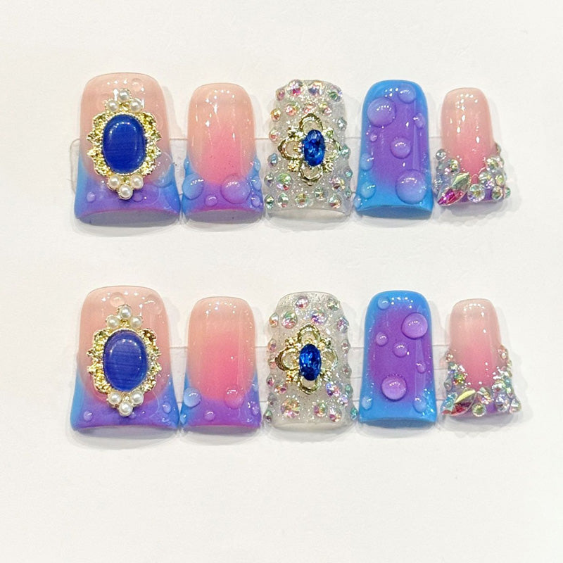 Opulent handmade duck nails with pink-blue-purple ombre, royal blue gems & baroque settings - Regal luxury - Applies in 15 minutes