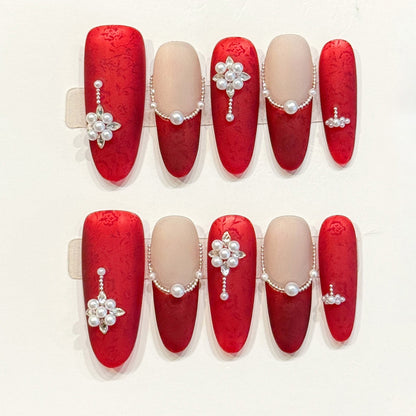Opulent handmade oval nails with burgundy red, nude & 3D pearl flowers - Bridal & Chinese New Year luxury - Applies in just 15 minutes